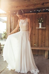A-Line Chiffon Wedding Dresses Ivory Appliques With Beadings See Through Wedding Gowns